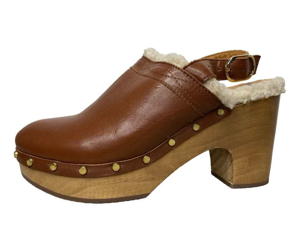 Sezane Taylor Clogs Brown Leather Faux Fur Lined Slingback Women's 39 Boho